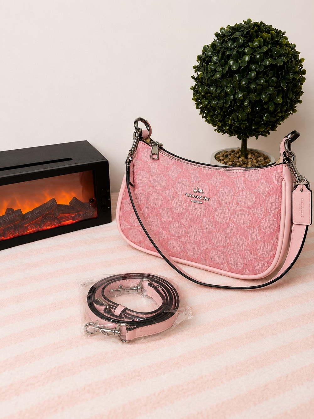 Coach Pink Signature Jacquard Crescent Shoulder Bag